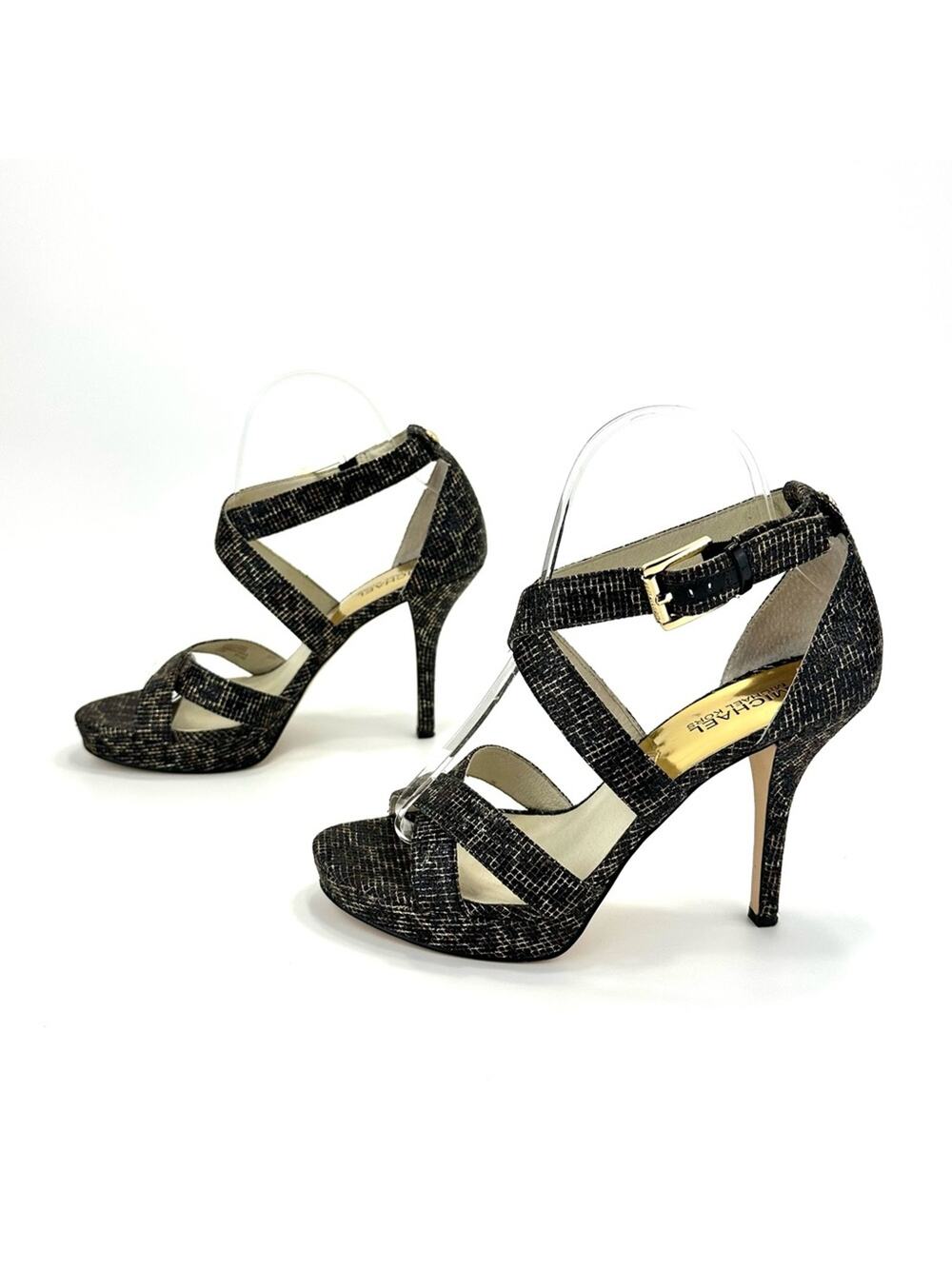 Michael Kors Evie Stiletto Heel Sandal Sz 8.5 Black/Gold Platform Spark Glitter